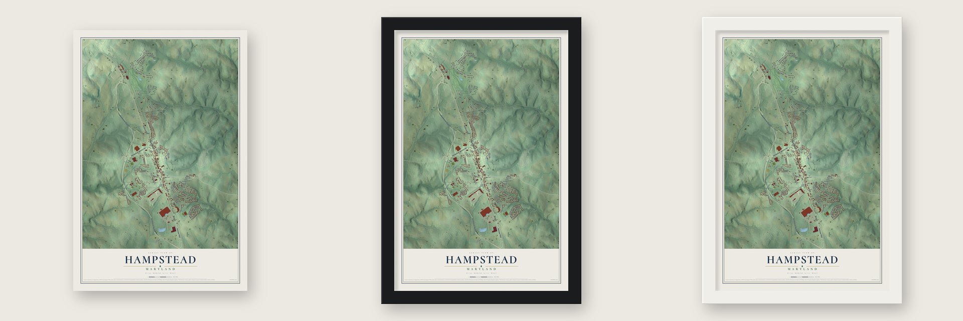 Hampstead, Maryland map unframed, in a black wood frame and in a white wood frame