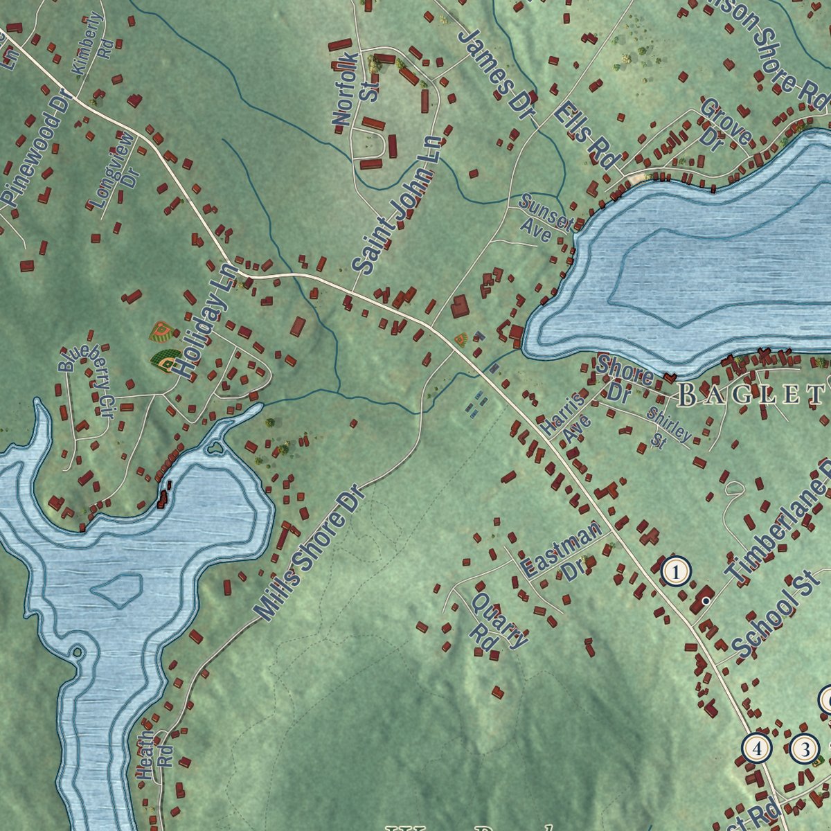 Second close-up of the map of Hampstead, New Hampshire print showing more streets and buildings