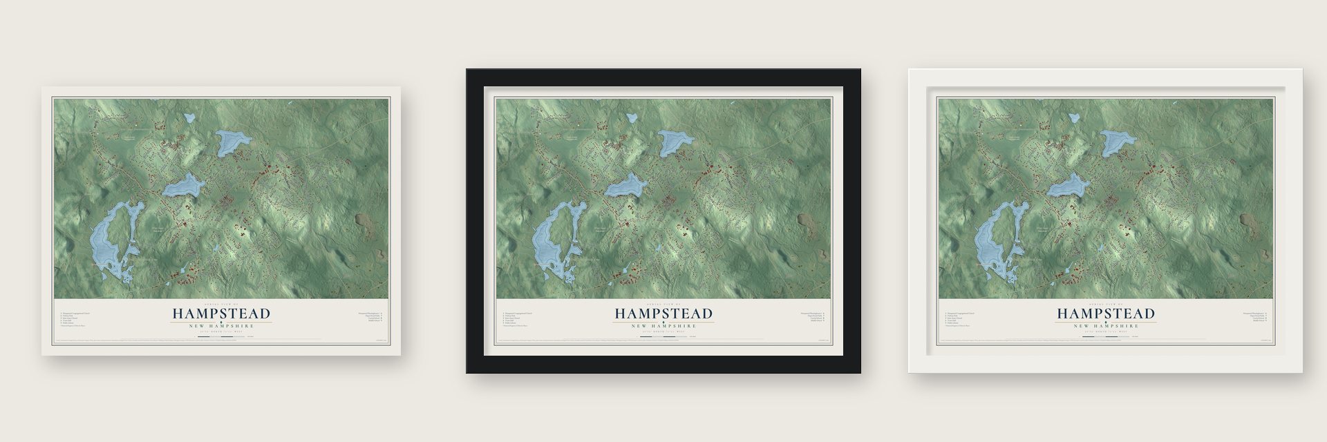 Hampstead, New Hampshire map unframed, in a black wood frame and in a white wood frame