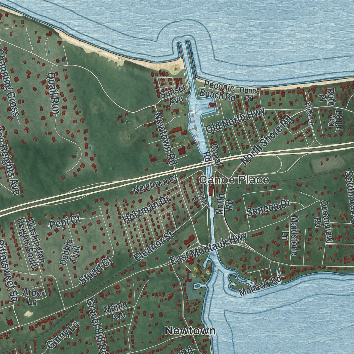 Second close-up of the map of Hampton Bays, New York print showing more streets and buildings