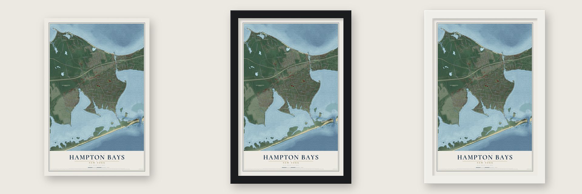 Hampton Bays, New York map unframed, in a black wood frame and in a white wood frame