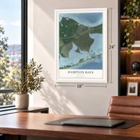 Hampton Bays, New York map, 18 x 24 inch print in a white frame in a home office