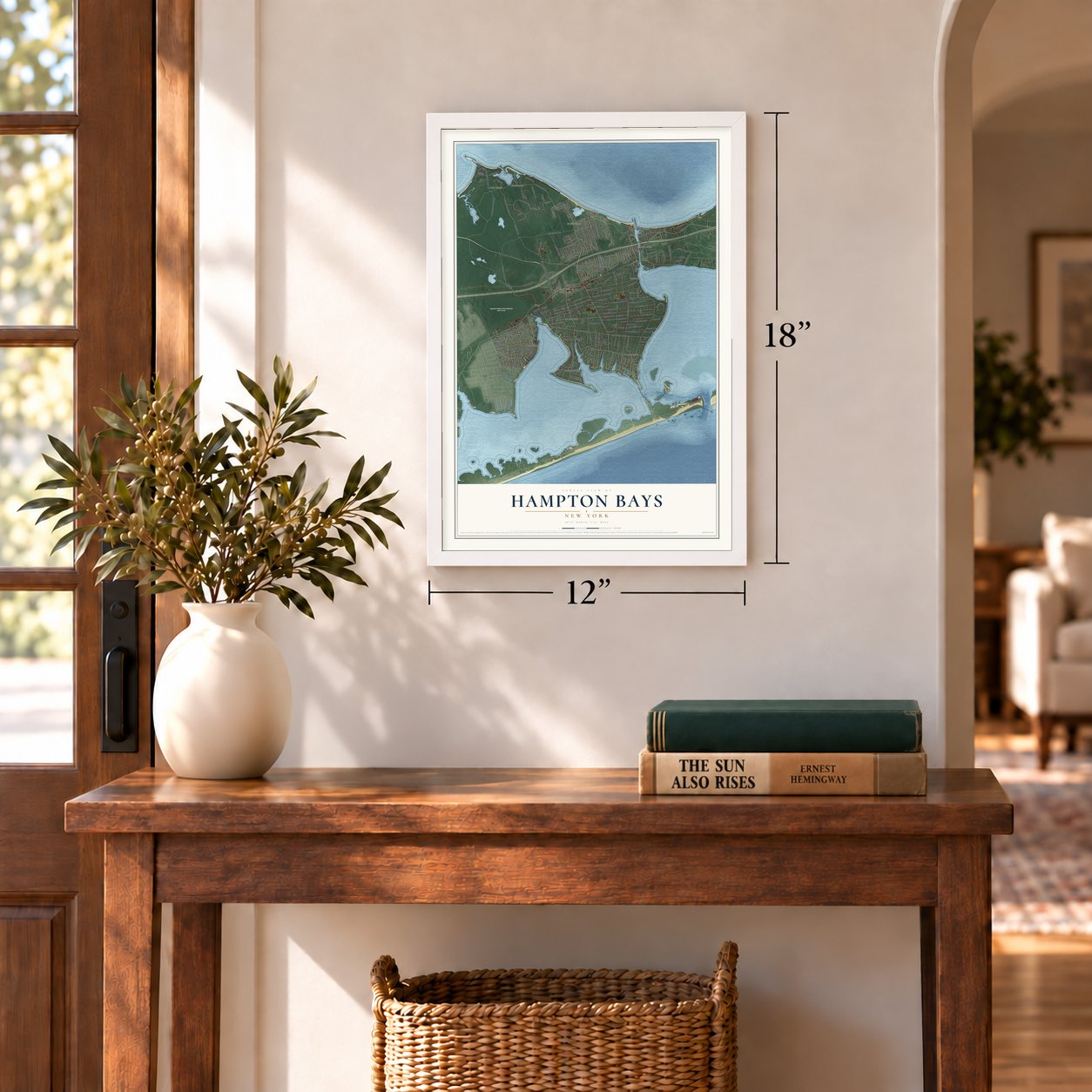 Hampton Bays, New York map, 12 x 18 inch print in a white frame in an entryway