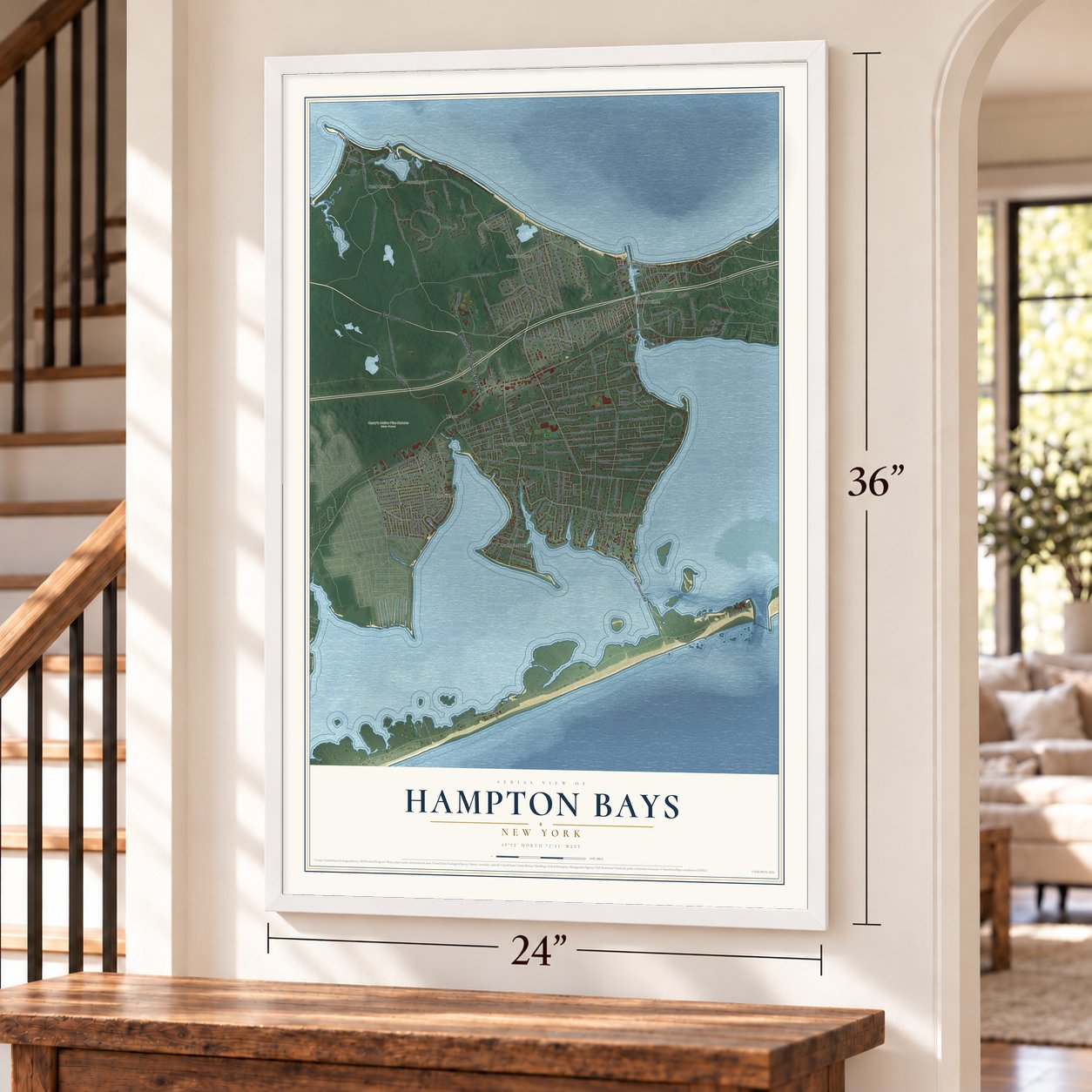 Hampton Bays, New York map, 24 x 36 inch print in a white frame by a staircase