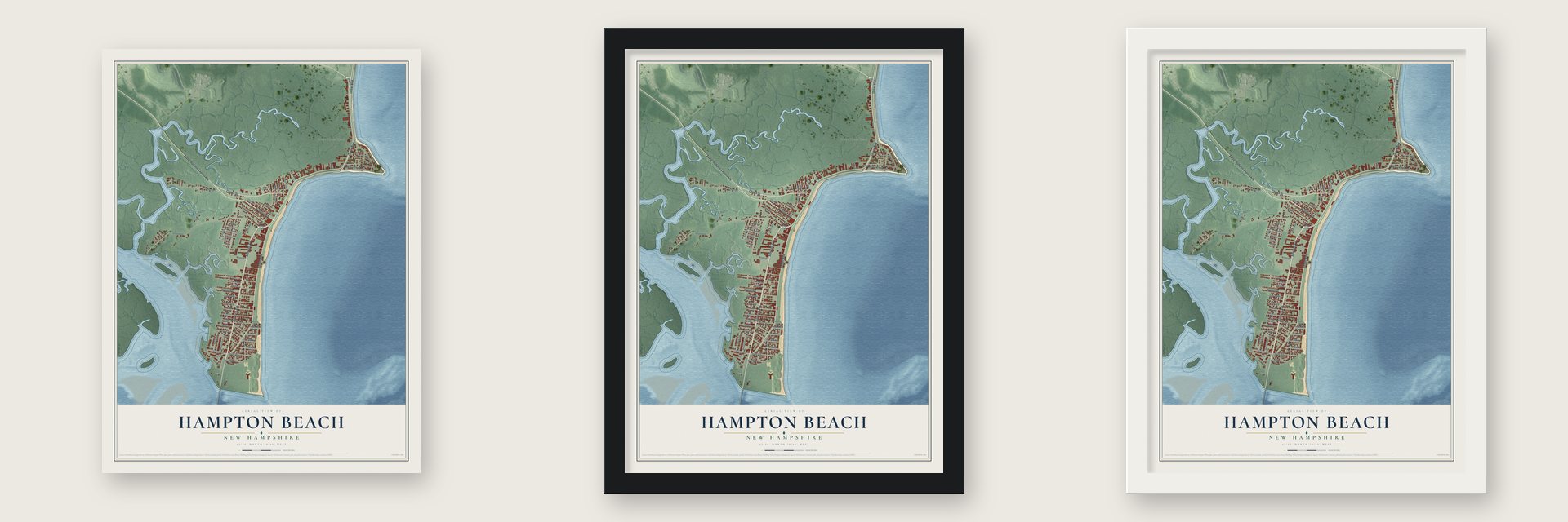 Hampton Beach, New Hampshire map unframed, in a black wood frame and in a white wood frame