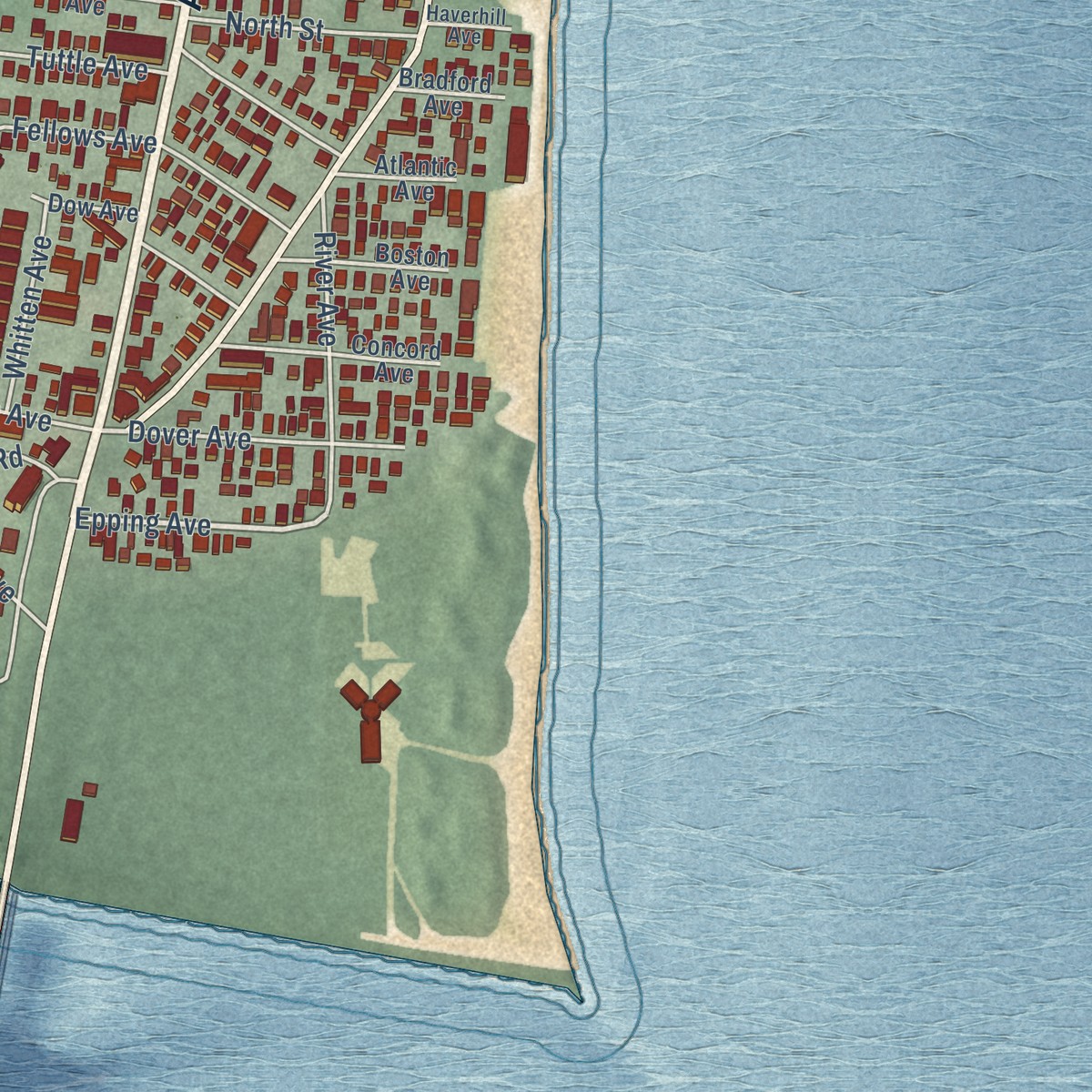 Second close-up of the map of Hampton Beach, New Hampshire print showing more streets and buildings