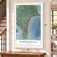 Hampton Beach, New Hampshire map, 24 x 36 inch print in a white frame by a staircase