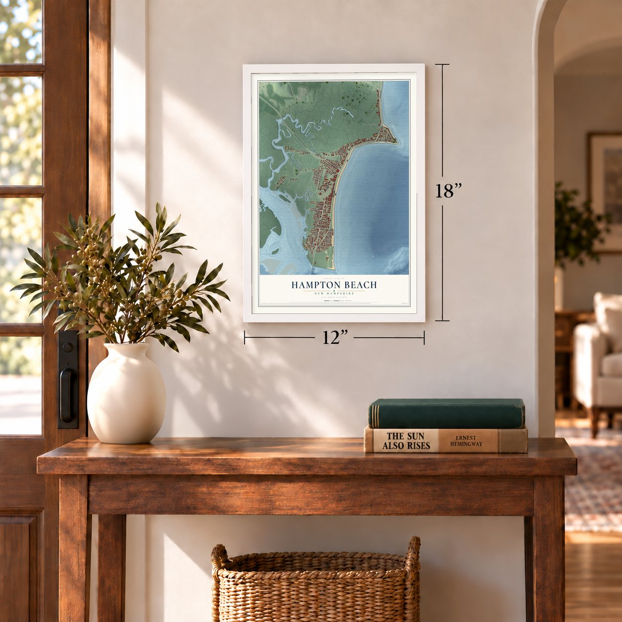 Hampton Beach, New Hampshire map, 12 x 18 inch print in a white frame in an entryway