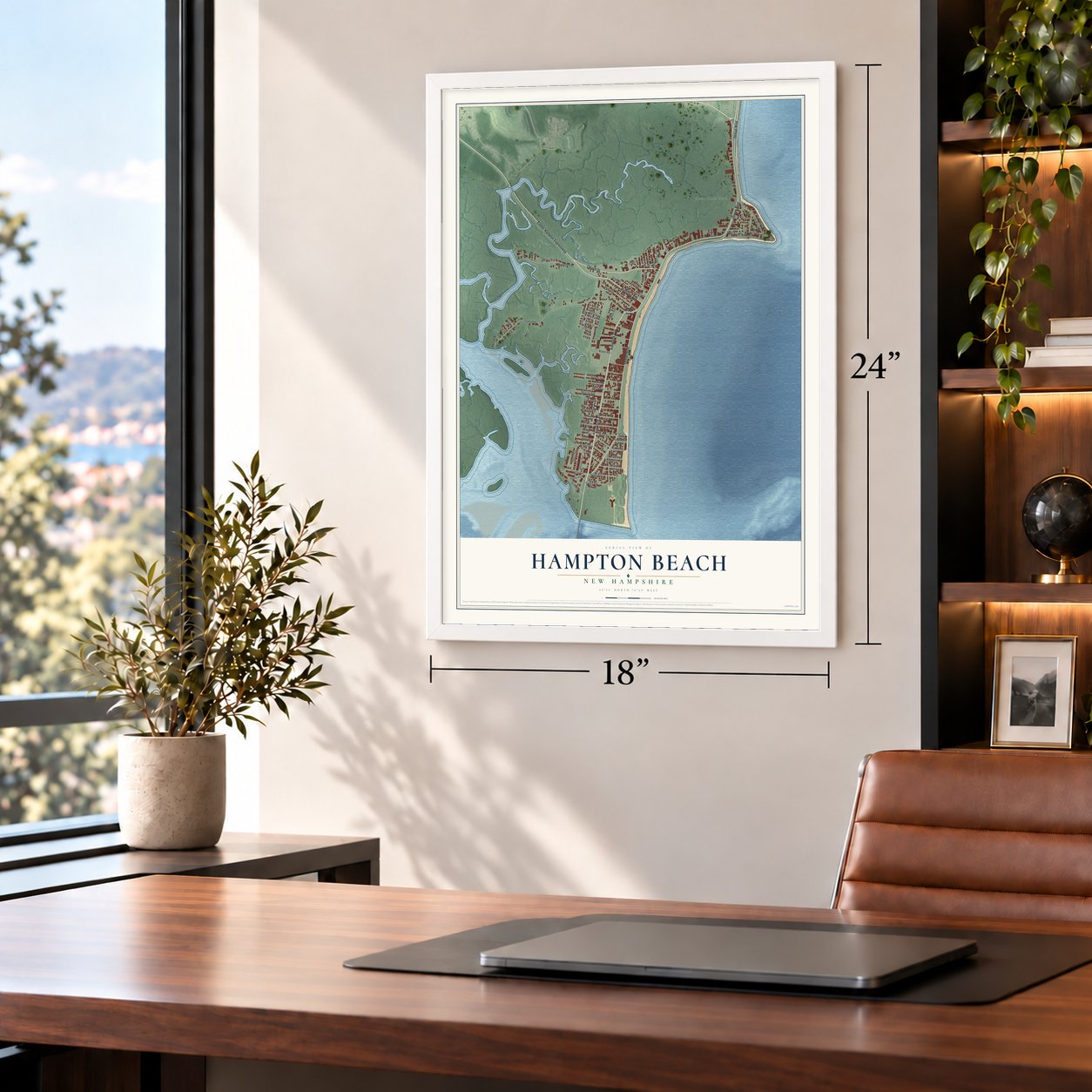 Hampton Beach, New Hampshire map, 18 x 24 inch print in a white frame in a home office
