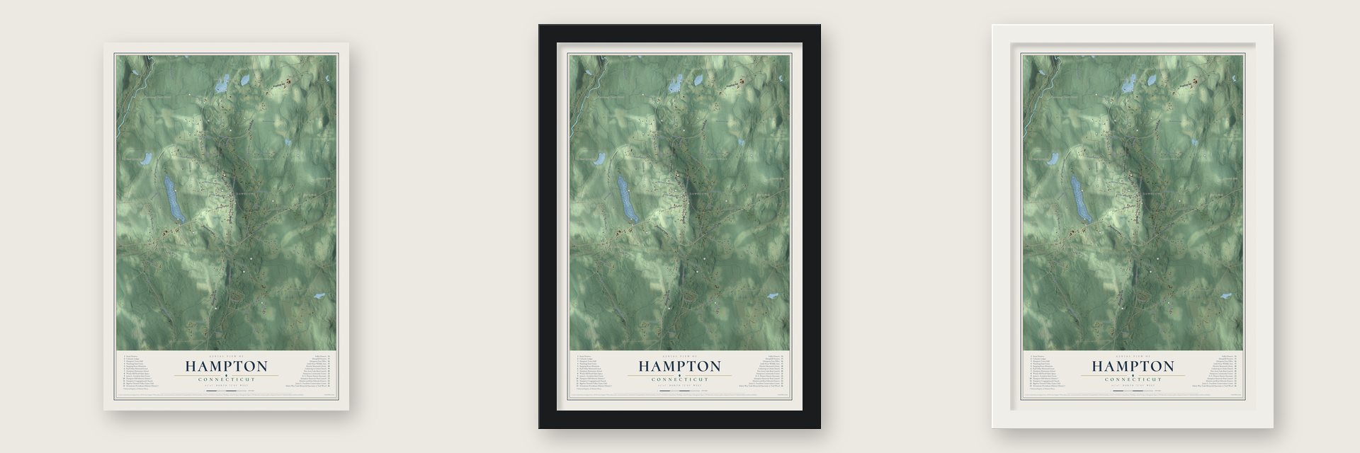 Hampton, Connecticut map unframed, in a black wood frame and in a white wood frame