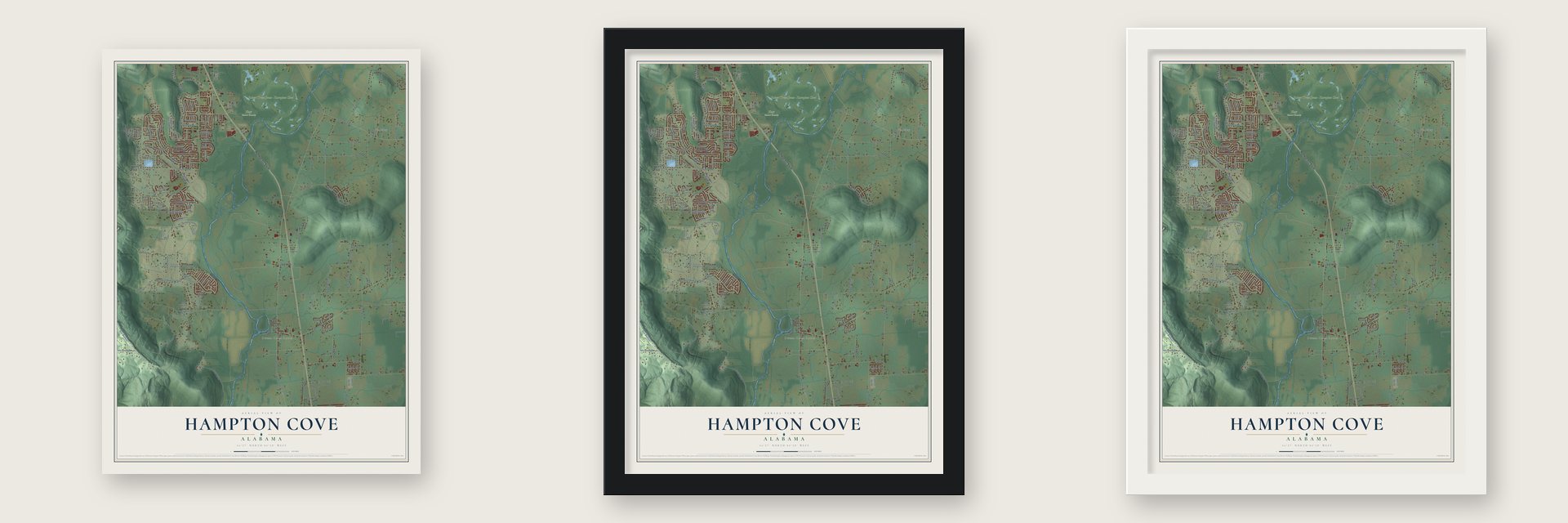 Hampton Cove, Alabama map unframed, in a black wood frame and in a white wood frame
