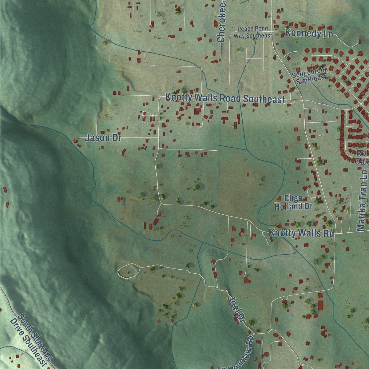 Second close-up of the map of Hampton Cove, Alabama print showing more streets and buildings