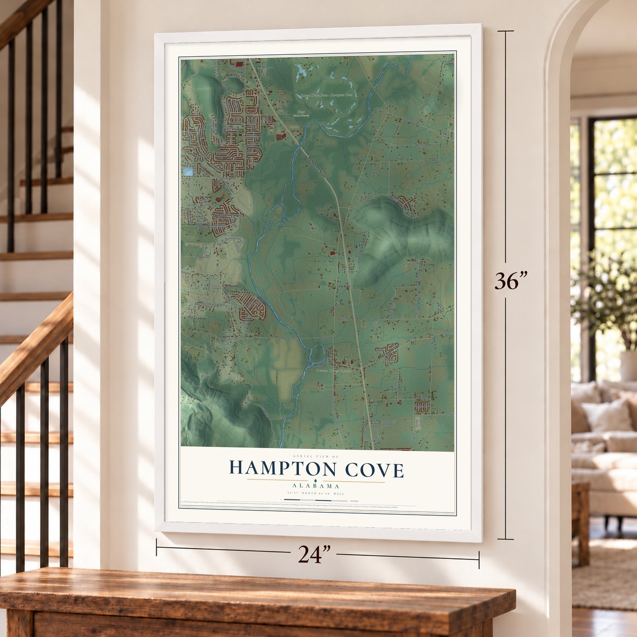 Hampton Cove, Alabama map, 24 x 36 inch print in a white frame by a staircase