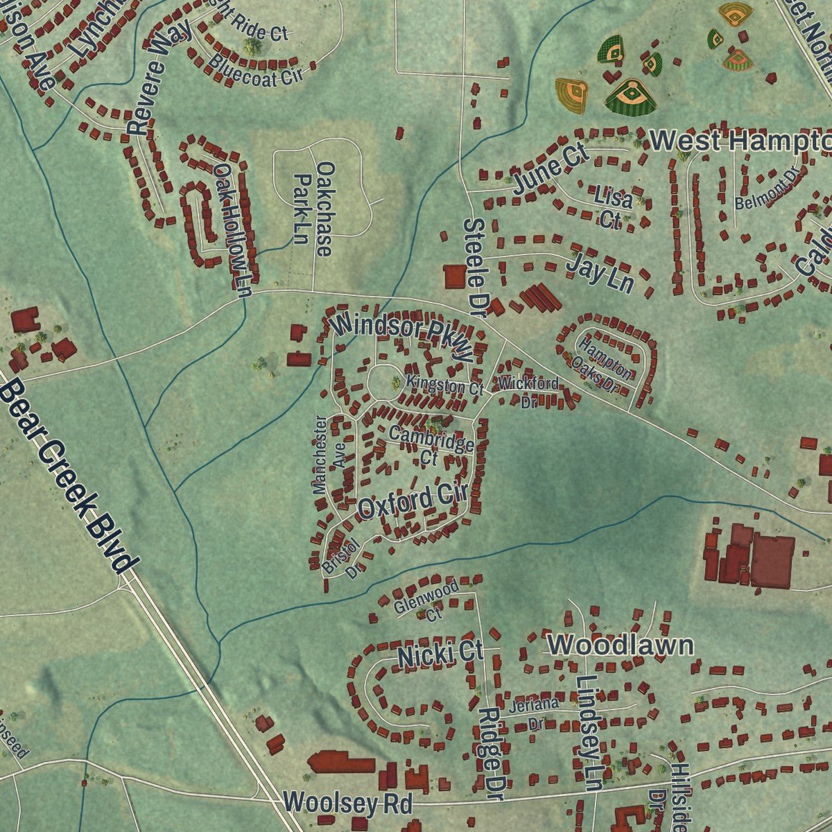 Second close-up of the map of Hampton, Georgia print showing more streets and buildings