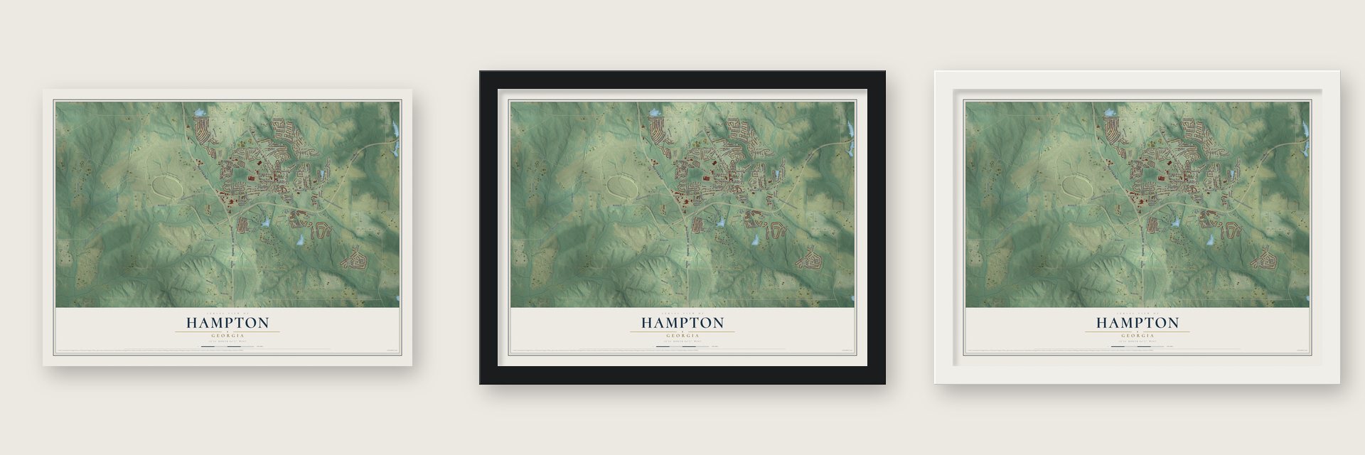 Hampton, Georgia map unframed, in a black wood frame and in a white wood frame