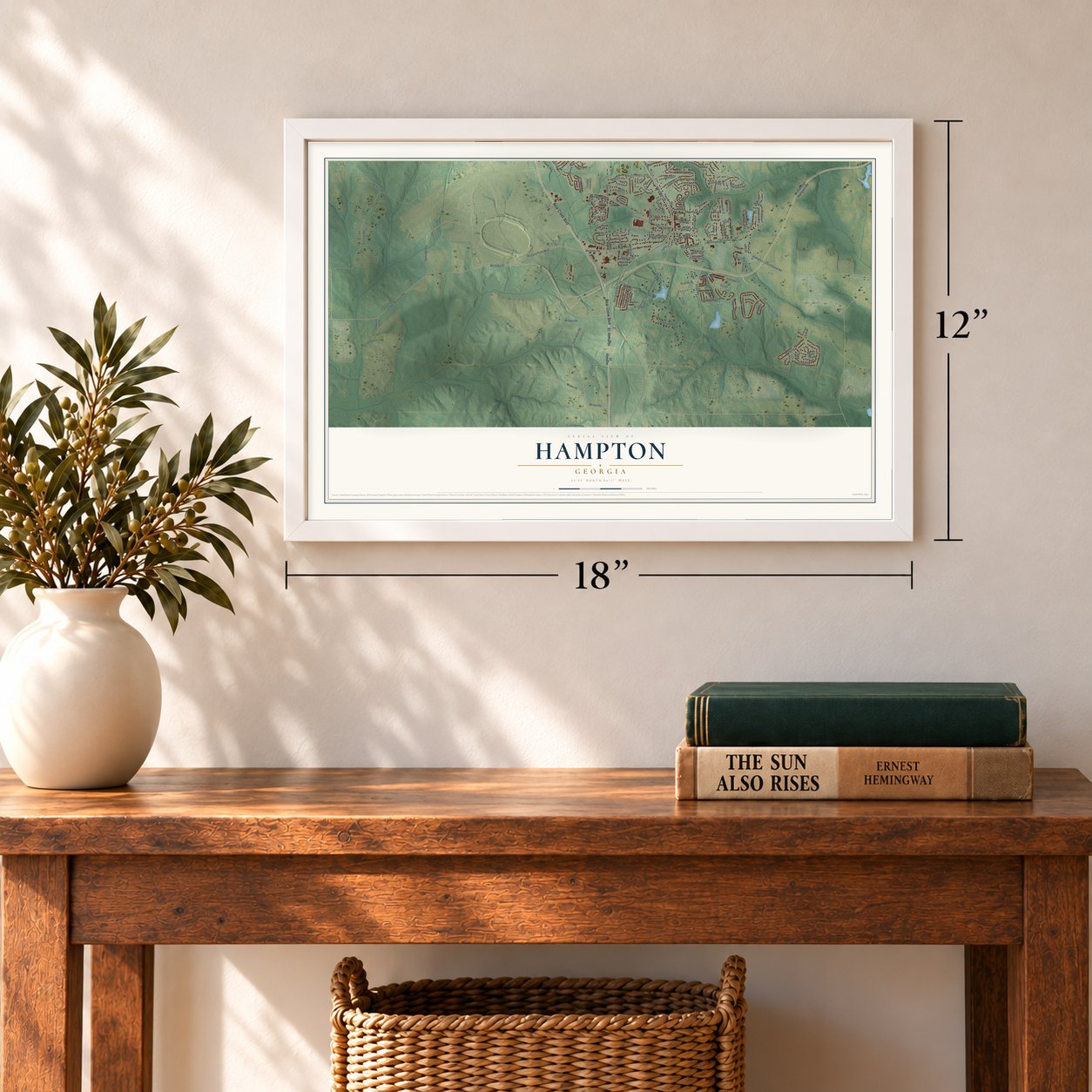 Hampton, Georgia map, 12 x 18 inch print in a white frame in an entryway