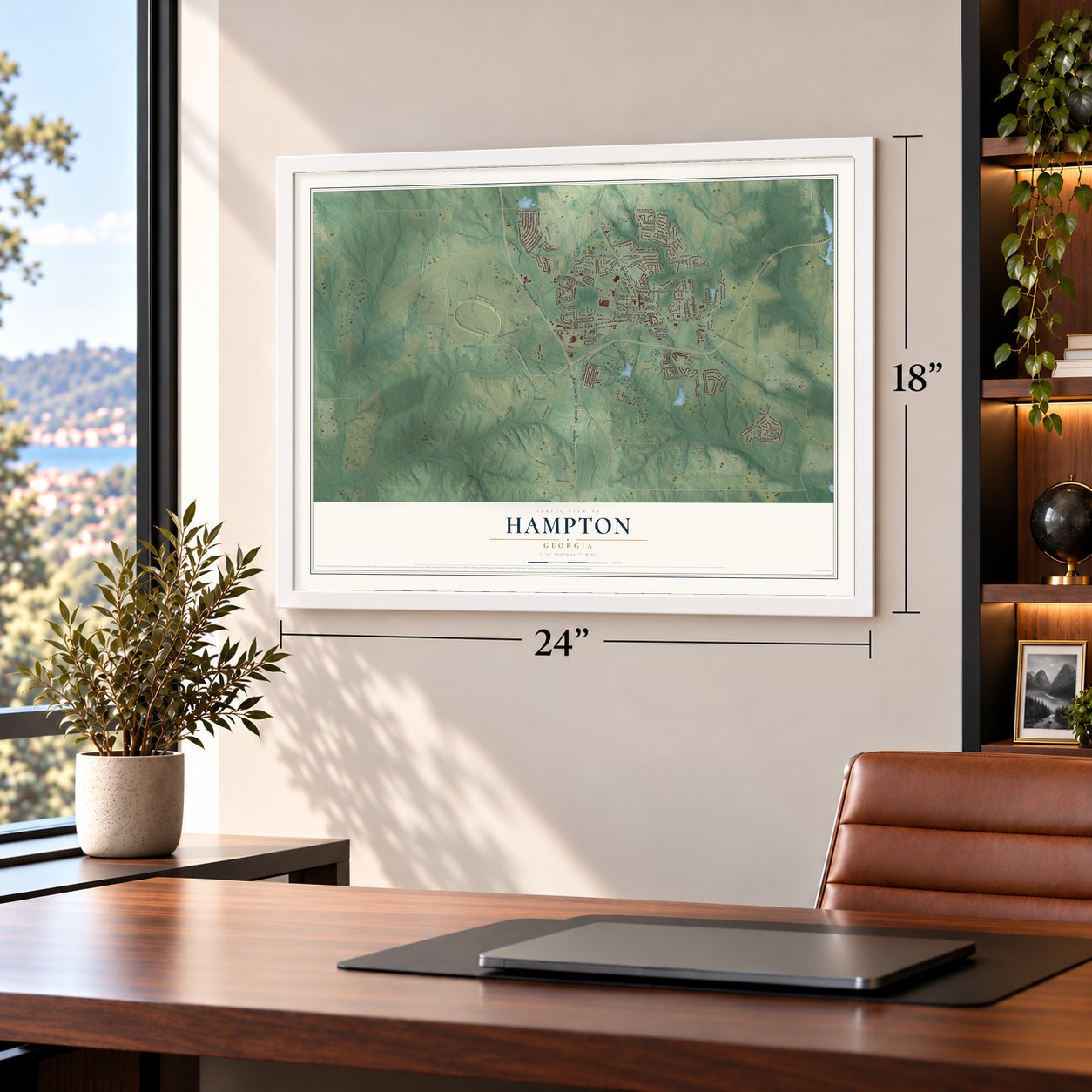 Hampton, Georgia map, 18 x 24 inch print in a white frame in a home office