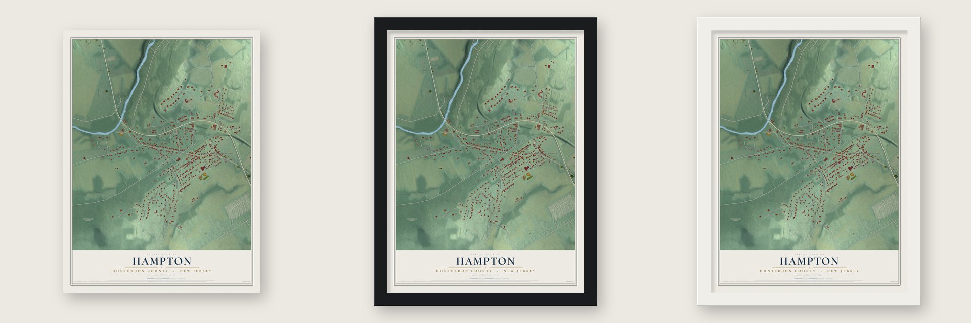 Hampton, Hunterdon County, New Jersey map unframed, in a black wood frame and in a white wood frame