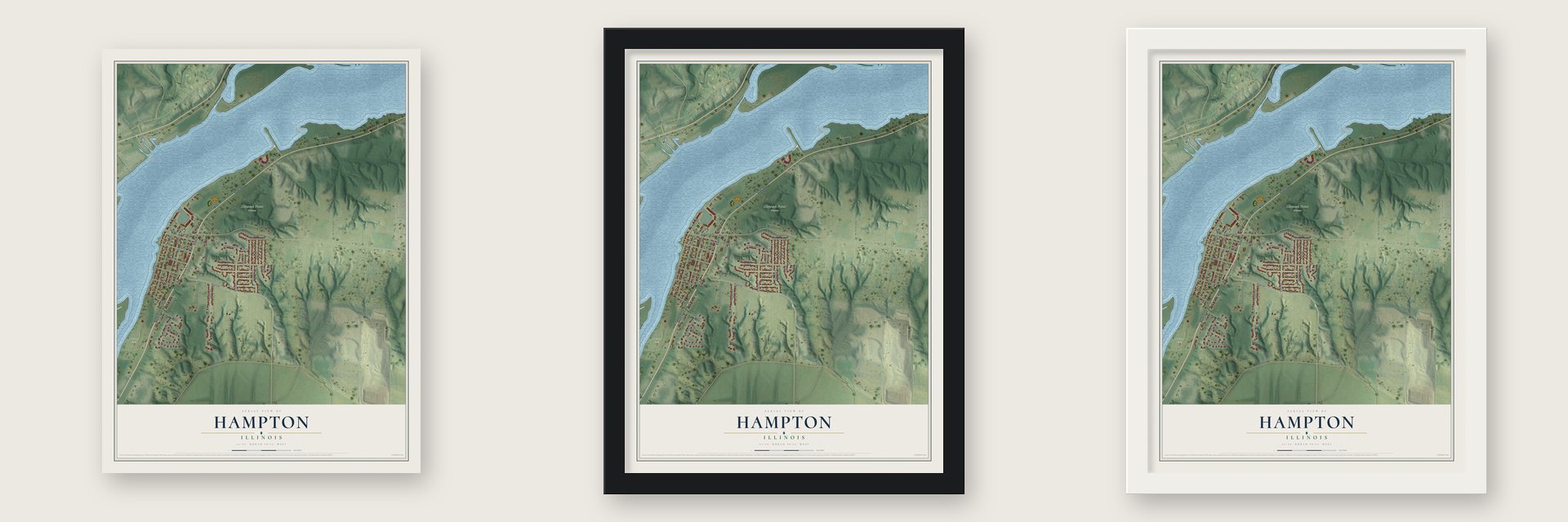 Hampton, Illinois map unframed, in a black wood frame and in a white wood frame