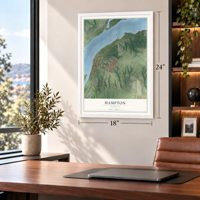 Hampton, Illinois map, 18 x 24 inch print in a white frame in a home office