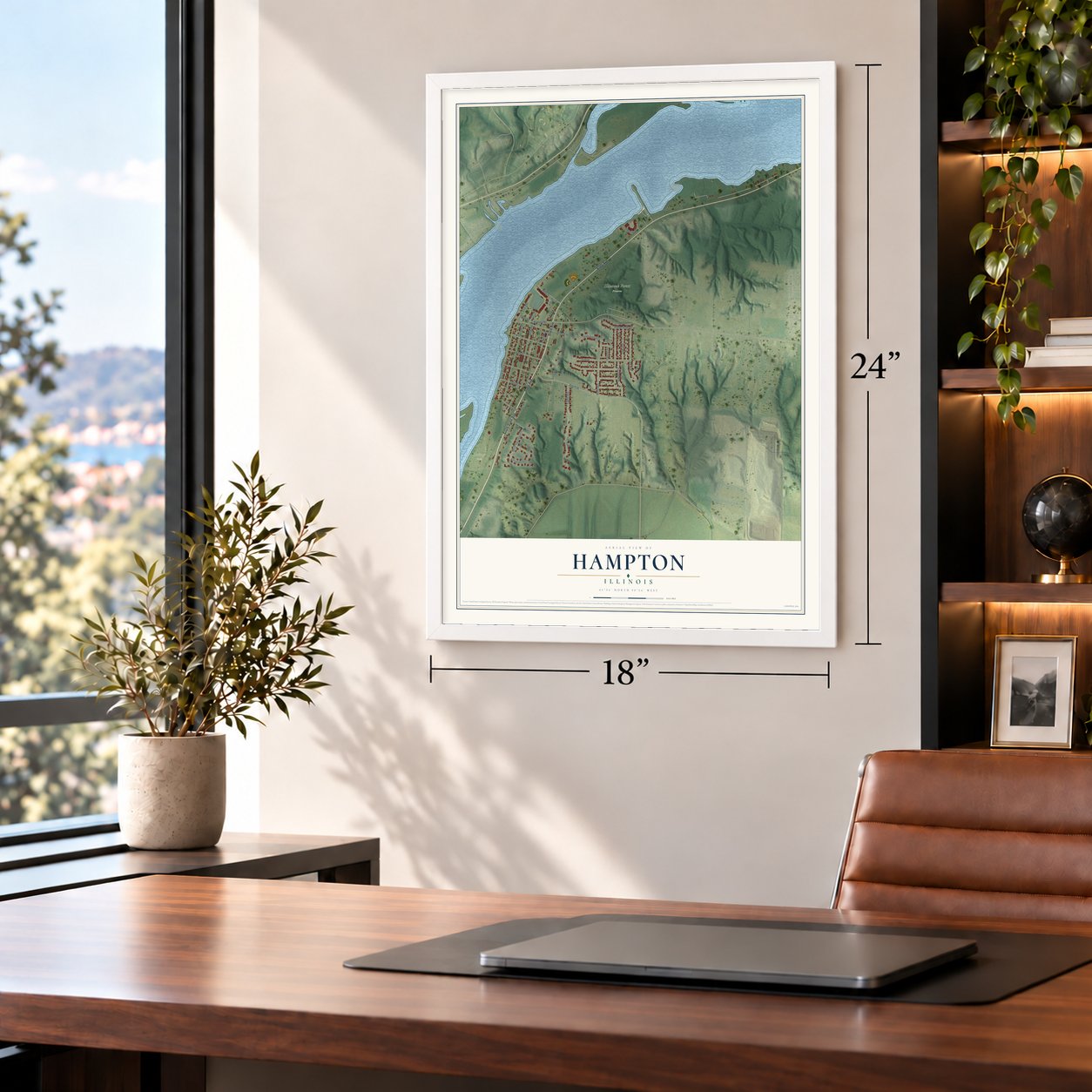 Hampton, Illinois map, 18 x 24 inch print in a white frame in a home office