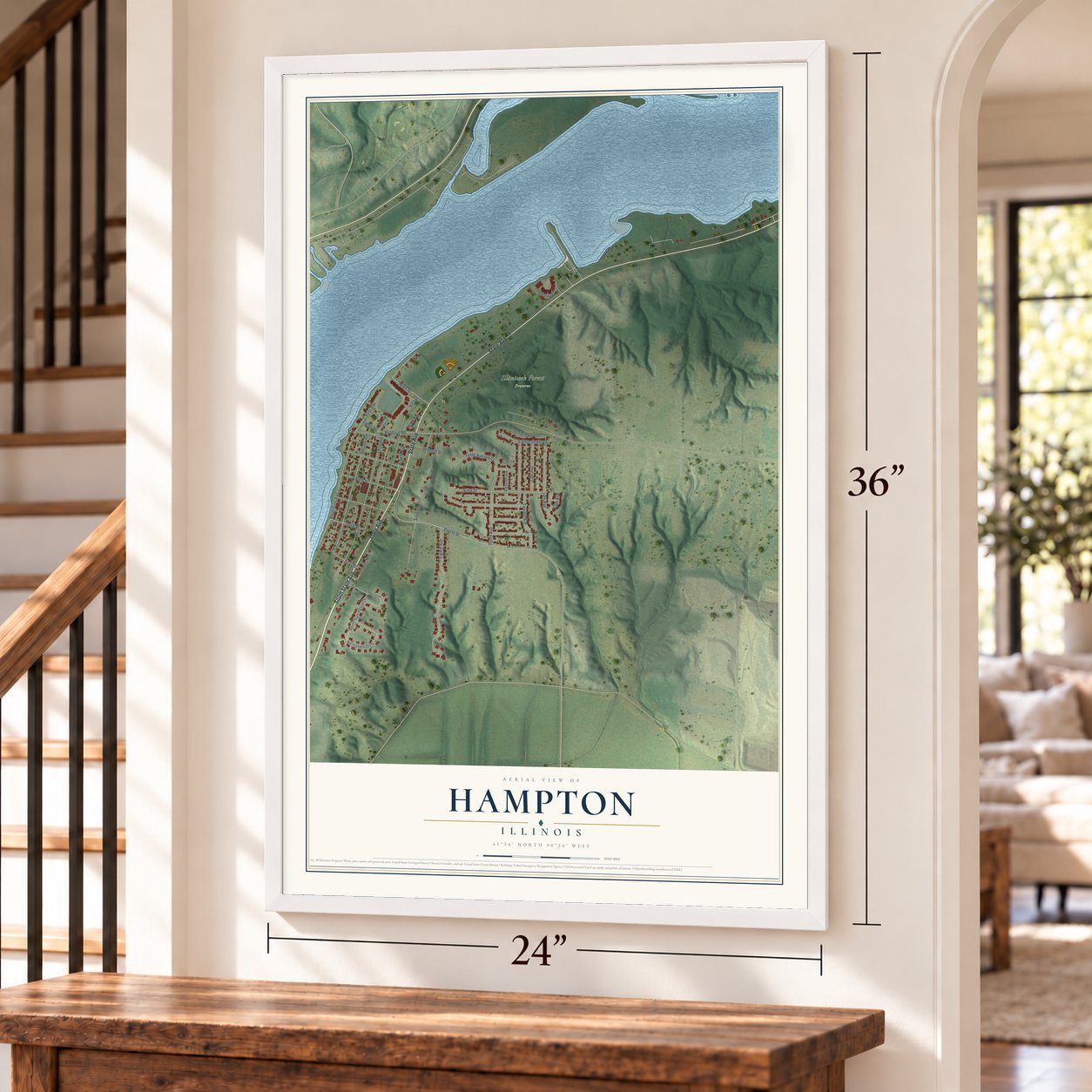Hampton, Illinois map, 24 x 36 inch print in a white frame by a staircase
