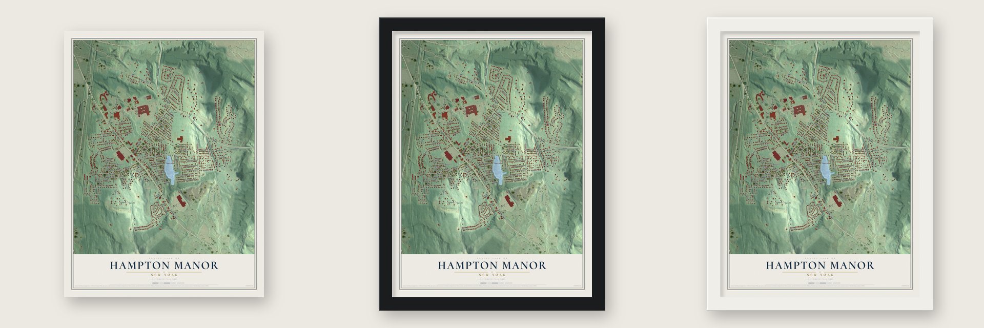 Hampton Manor, New York map unframed, in a black wood frame and in a white wood frame
