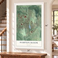 Hampton Manor, New York map, 24 x 36 inch print in a white frame by a staircase