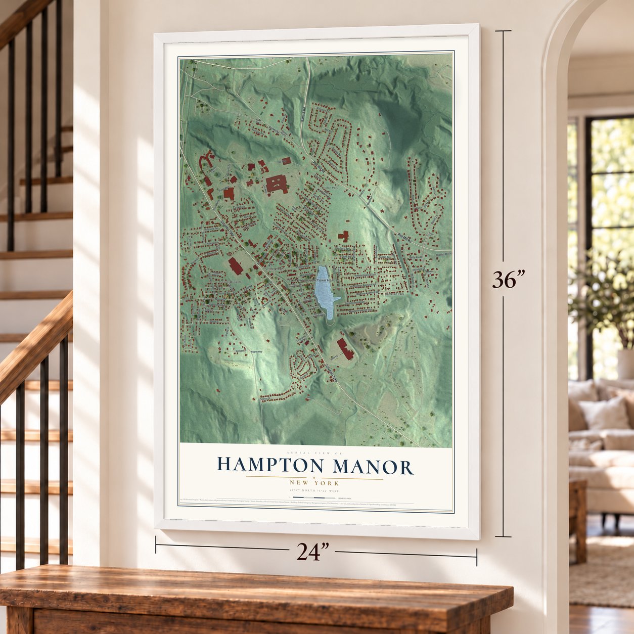 Hampton Manor, New York map, 24 x 36 inch print in a white frame by a staircase