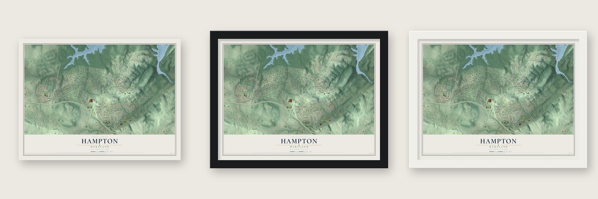Hampton, Maryland map unframed, in a black wood frame and in a white wood frame