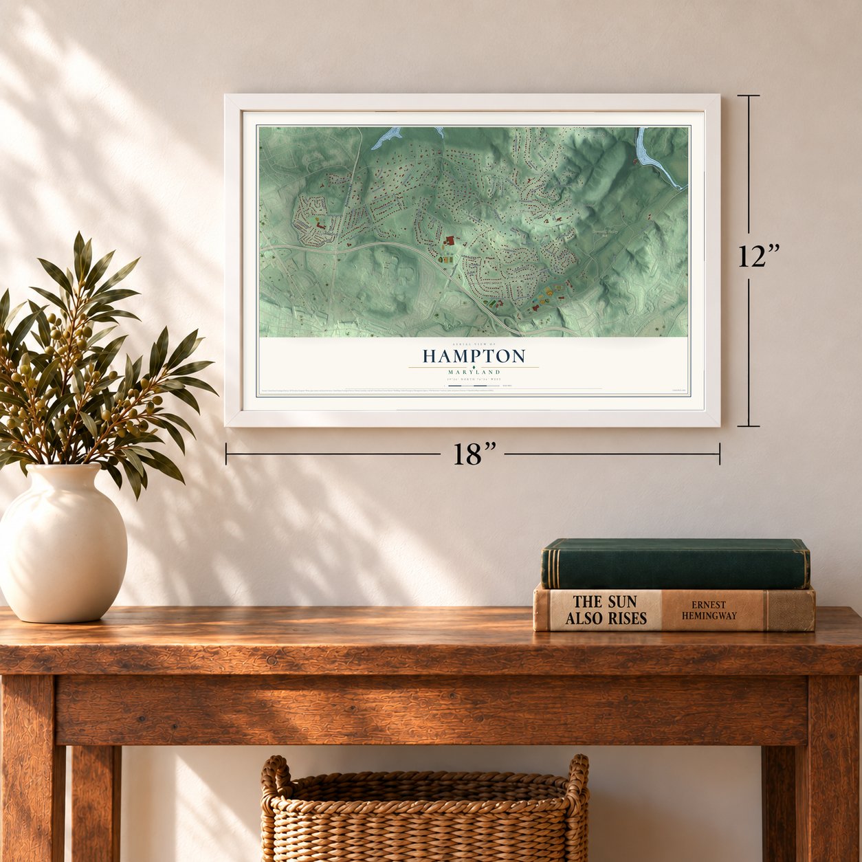 Hampton, Maryland map, 12 x 18 inch print in a white frame in an entryway