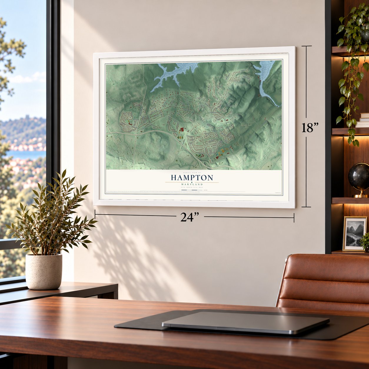 Hampton, Maryland map, 18 x 24 inch print in a white frame in a home office