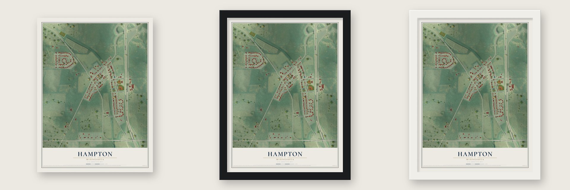 Hampton, Minnesota map unframed, in a black wood frame and in a white wood frame