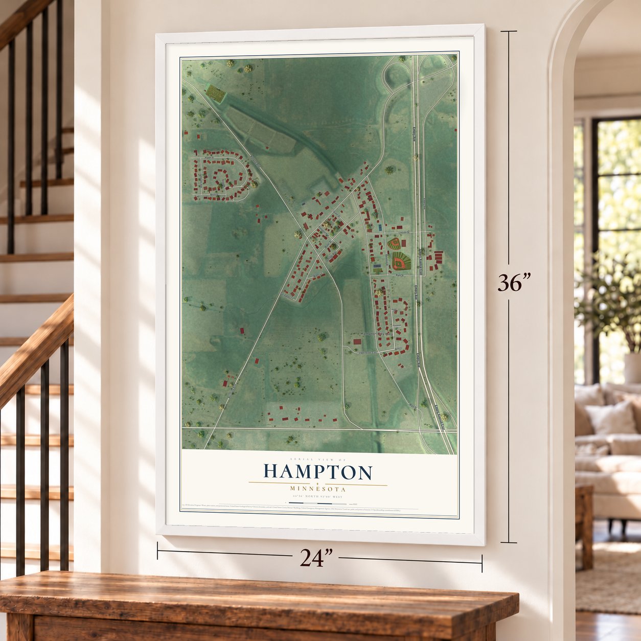 Hampton, Minnesota map, 24 x 36 inch print in a white frame by a staircase