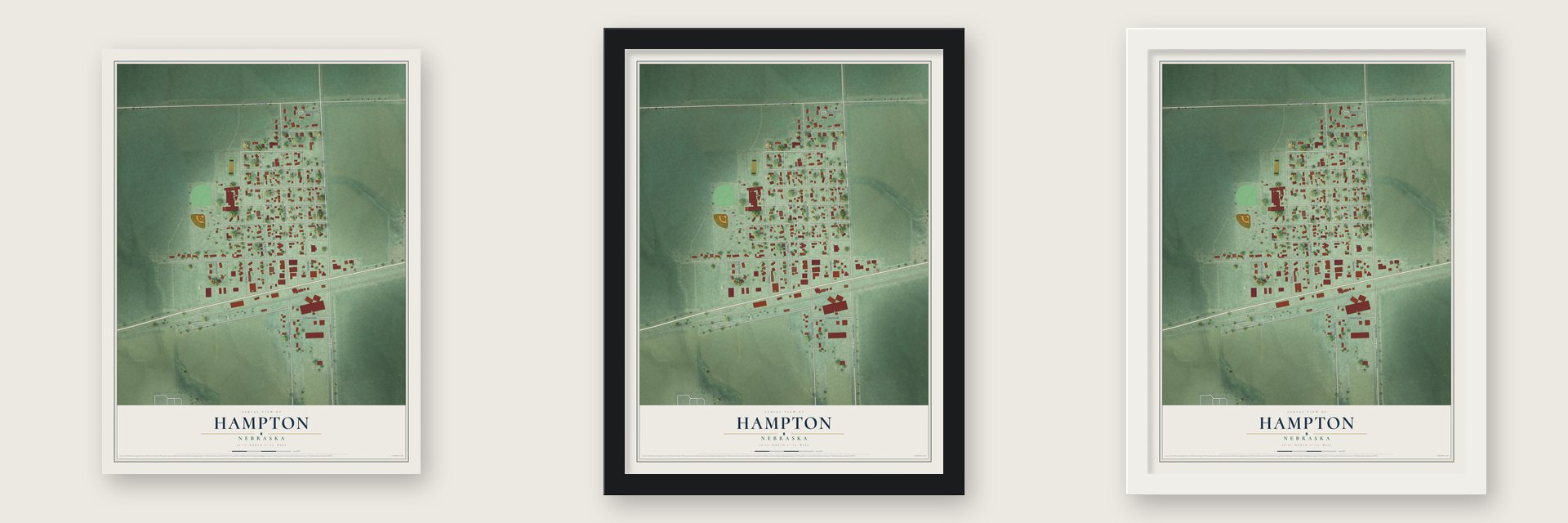 Hampton, Nebraska map unframed, in a black wood frame and in a white wood frame