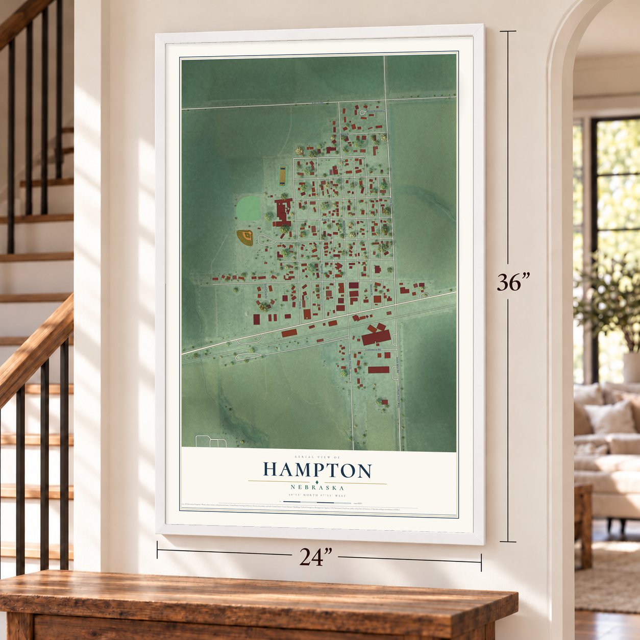 Hampton, Nebraska map, 24 x 36 inch print in a white frame by a staircase