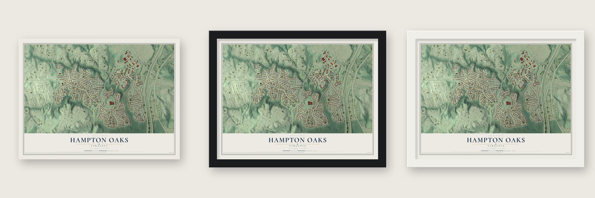 Hampton Oaks, Virginia map unframed, in a black wood frame and in a white wood frame