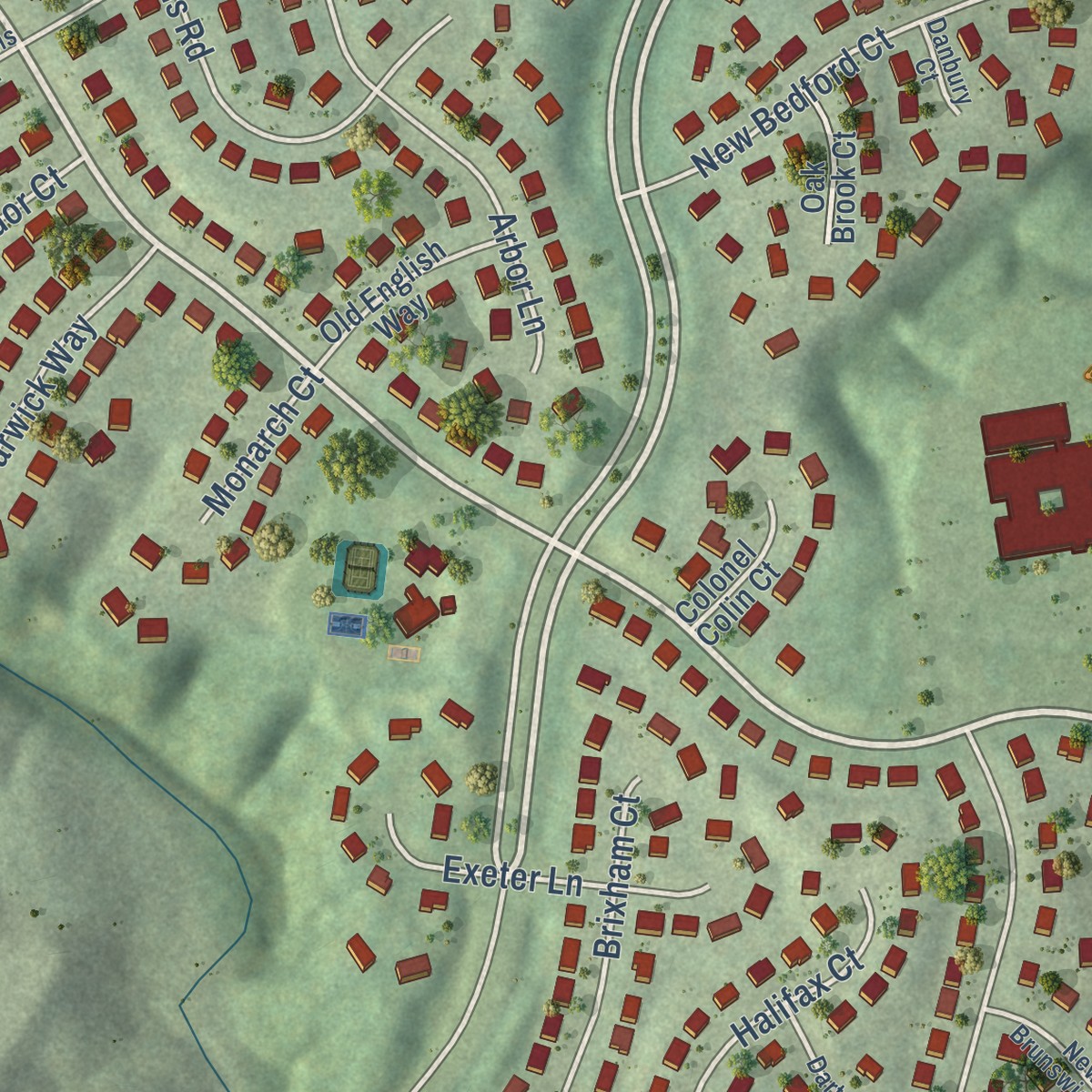 Second close-up of the map of Hampton Oaks, Virginia print showing more streets and buildings