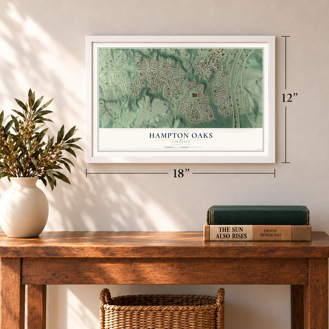 Hampton Oaks, Virginia map, 12 x 18 inch print in a white frame in an entryway