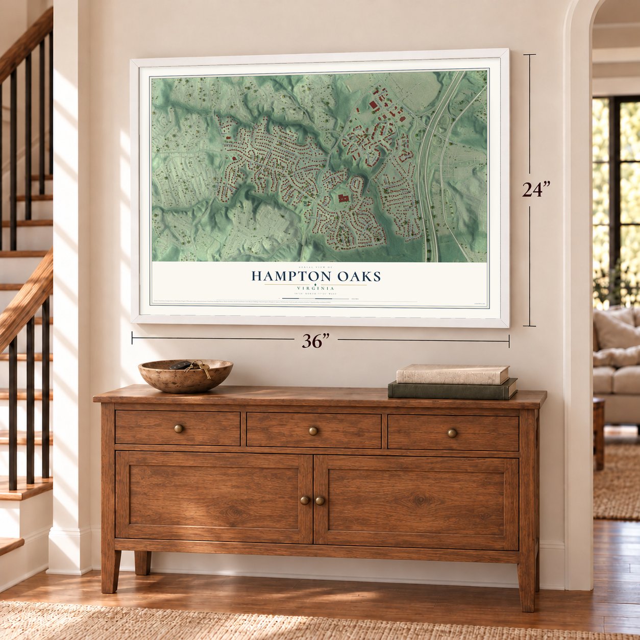 Hampton Oaks, Virginia map, 24 x 36 inch print in a white frame above a dresser by a staircase