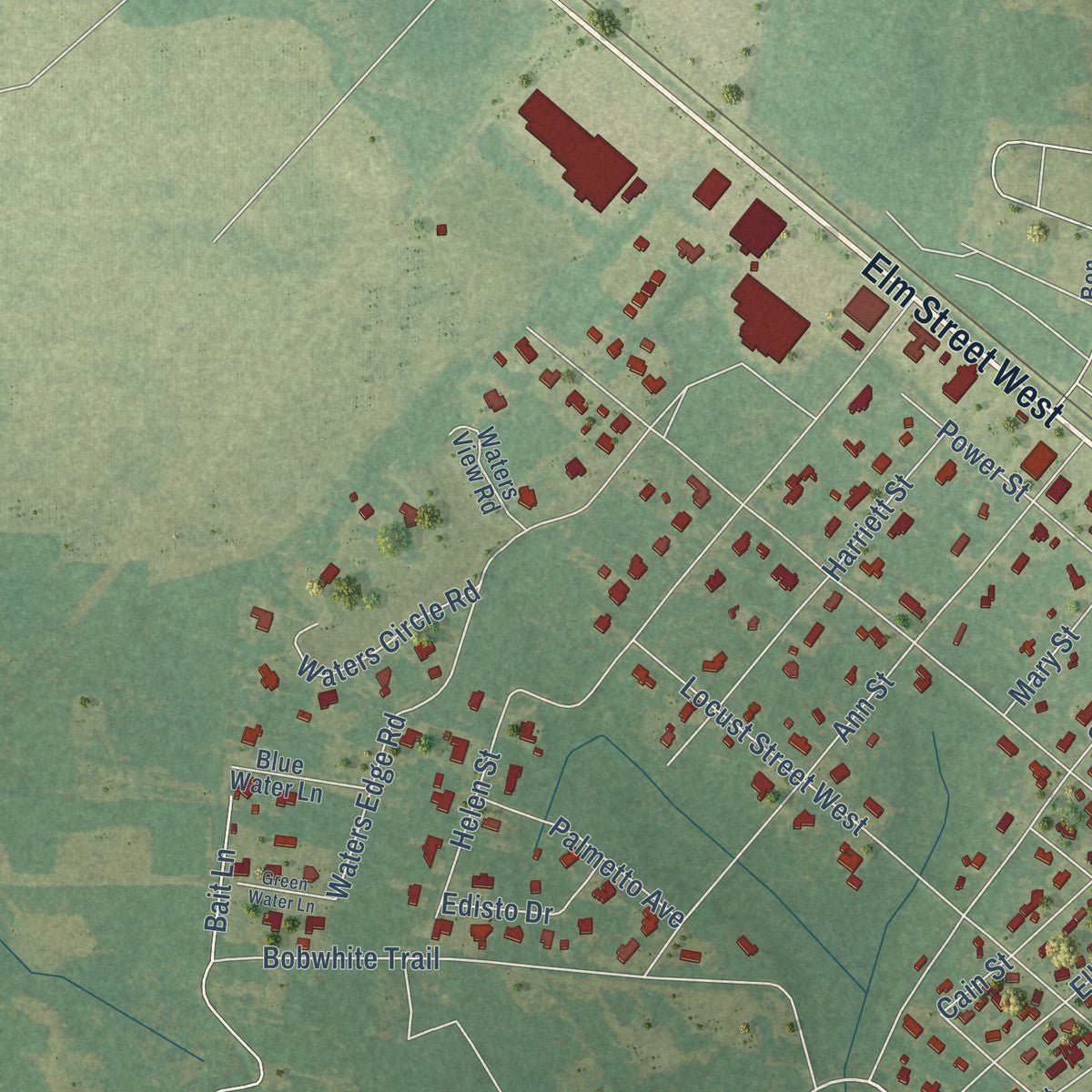 Second close-up of the map of Hampton, South Carolina print showing more streets and buildings
