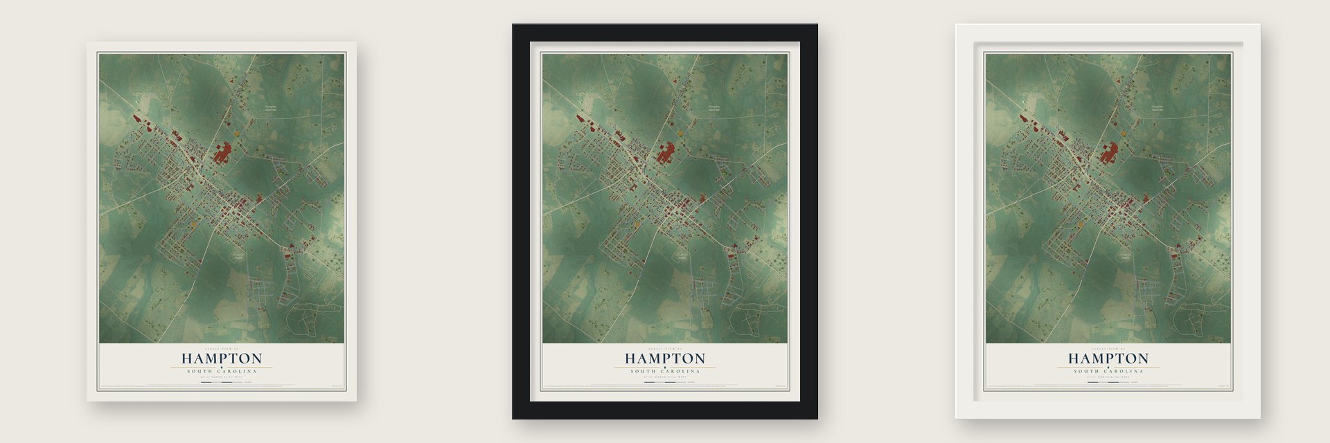 Hampton, South Carolina map unframed, in a black wood frame and in a white wood frame