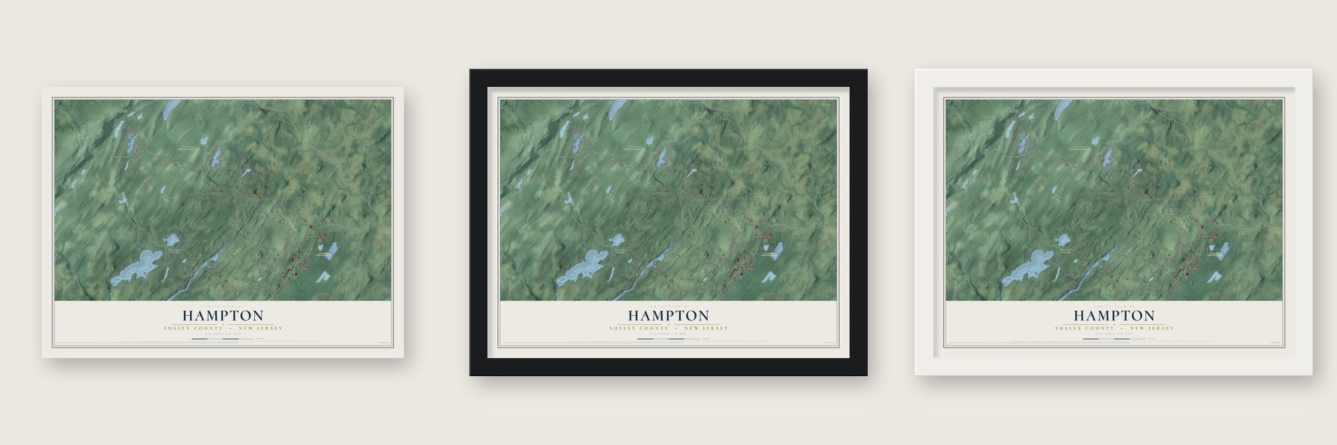 Hampton, Sussex County, New Jersey map unframed, in a black wood frame and in a white wood frame