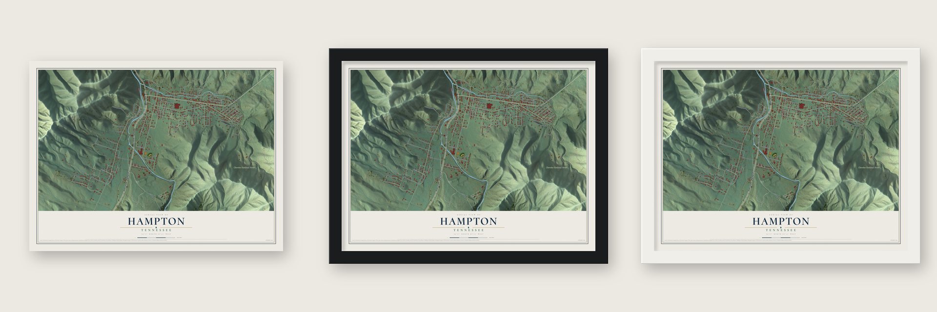 Hampton, Tennessee map unframed, in a black wood frame and in a white wood frame