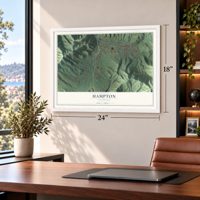 Hampton, Tennessee map, 18 x 24 inch print in a white frame in a home office