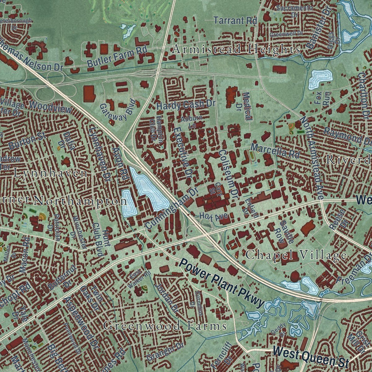 Second close-up of the map of Hampton, Virginia print showing more streets and buildings