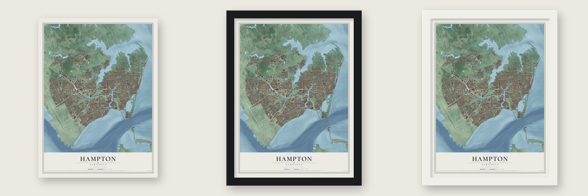 Hampton, Virginia map unframed, in a black wood frame and in a white wood frame
