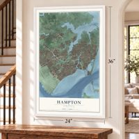 Hampton, Virginia map, 24 x 36 inch print in a white frame by a staircase
