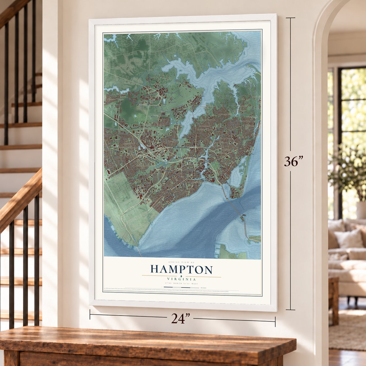 Hampton, Virginia map, 24 x 36 inch print in a white frame by a staircase