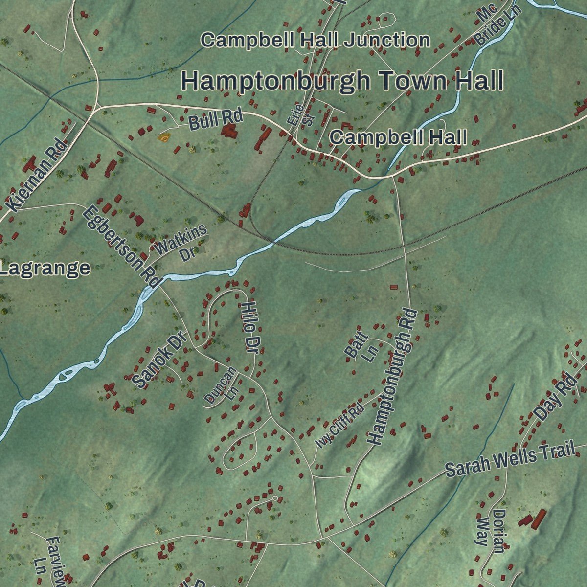 Second close-up of the map of Hamptonburgh, New York print showing more streets and buildings